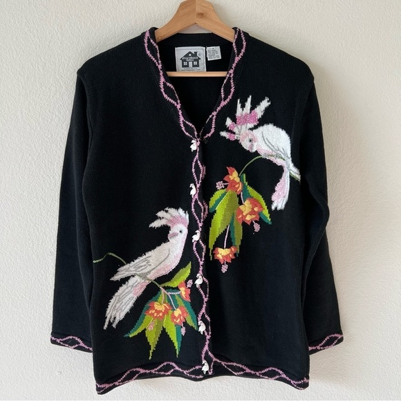 Vintage 90s Artsy Embroidered Cockatoos Funky Grandma Cardigan Sweater SZ Small - Picture 1 of 14